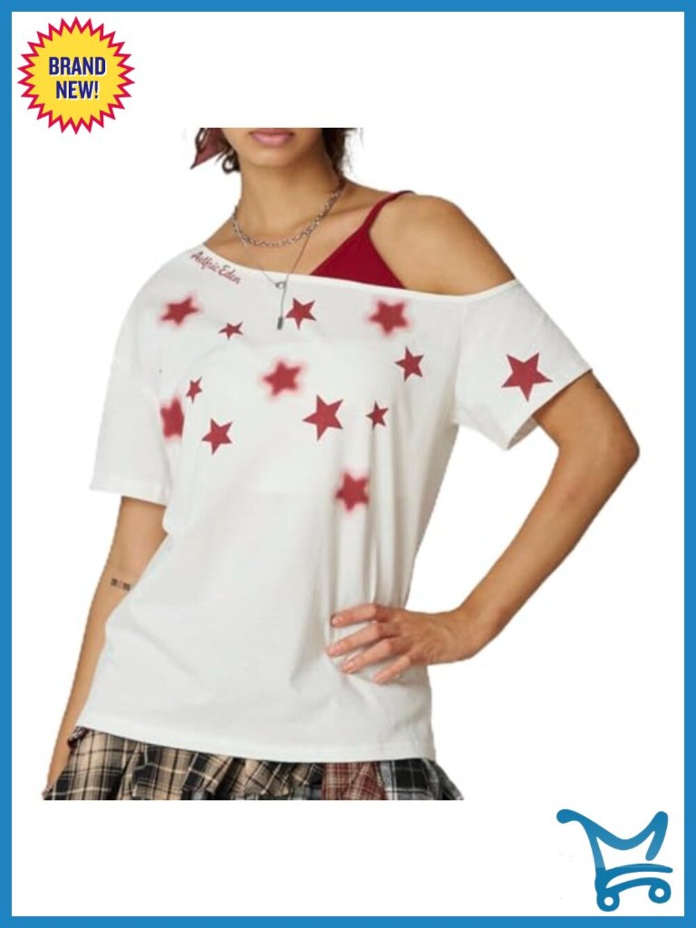 Off The Shoulder Star Graphic Oversized Tee Short Sleeve Crew Neck